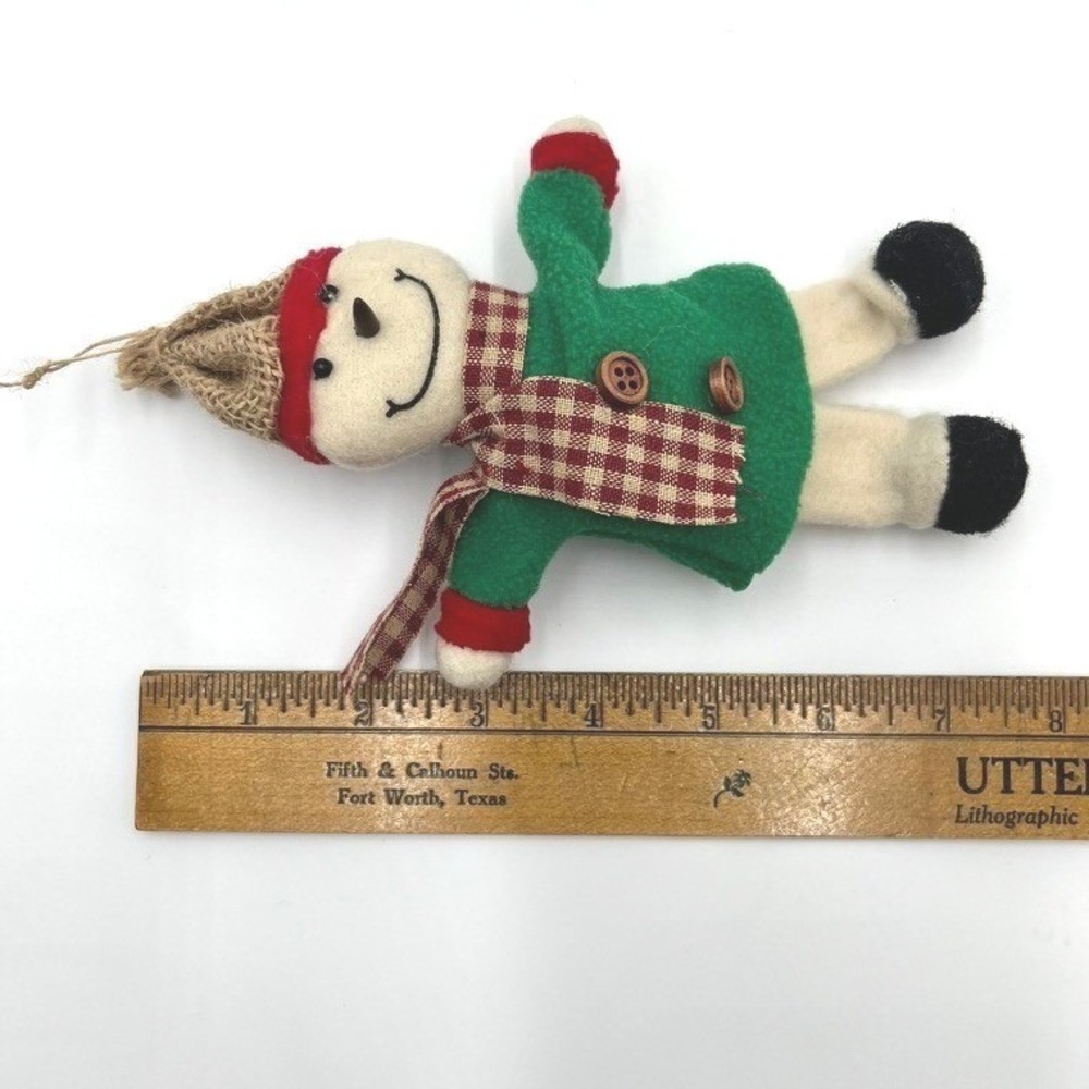 Vintage Style Rustic Snowman Christmas Ornament Green Coat Burlap Hat 7 Inch - Picture 3 of 4